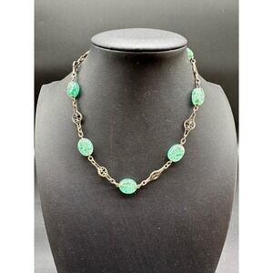 Antique Czech Emerald Crackle‎ Glass Choker Necklace Filigree Beads Art Deco 13"